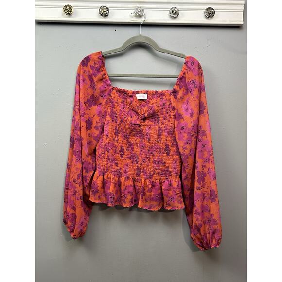 Pink Lily Blouse Womens Large Pink Smocked Floral Sheer Sleeves Ruffles Festival - Picture 1 of 9